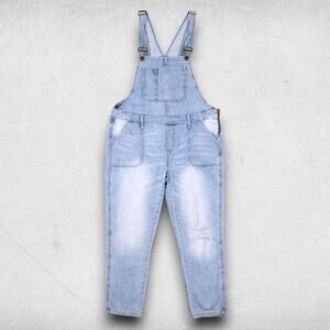 Gap BIB Crop Overalls Women L Blue Patch Pockets Slouchy Peasantcore Boho Hippie